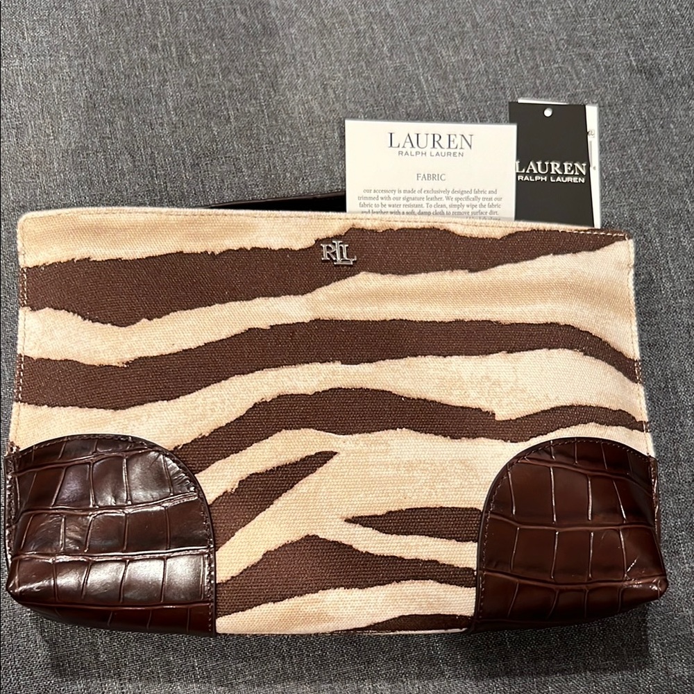 Lauren Ralph Lauren Brown Zebra-Print Canvas and Leather Clutch